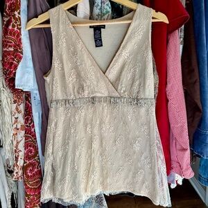 New York & Company Lace Beaded Empire Waist Sleeveless Top – Nude/Cream, Size M